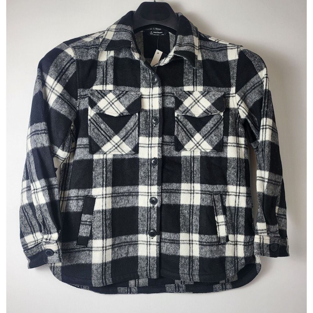 Member's Mark Girl's Black And White Button Up Plaid Flannel Shacket Large New